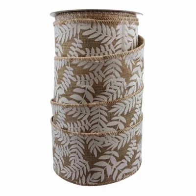 Stuha jutová s drátkem béžová přírodní listy 9.1 m