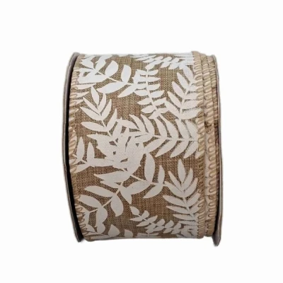 Stuha jutová s drátkem béžová přírodní listy 9.1 m