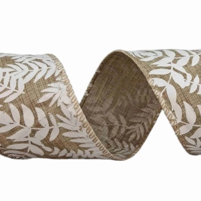 Stuha jutová s drátkem béžová přírodní listy 9.1 m