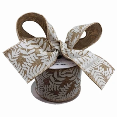 Stuha jutová s drátkem béžová přírodní listy 9.1 m