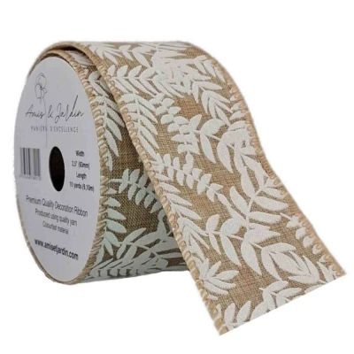 Stuha jutová s drátkem béžová přírodní listy 9.1 m