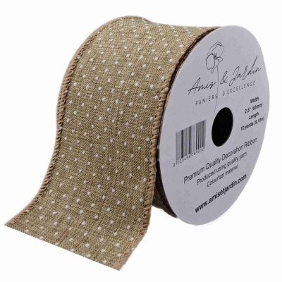 Stuha jutová s drátkem béžová přírodní tečky 9.1 m