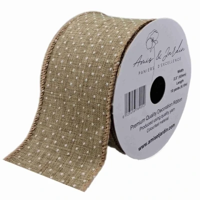 Stuha jutová s drátkem béžová přírodní tečky 9.1 m