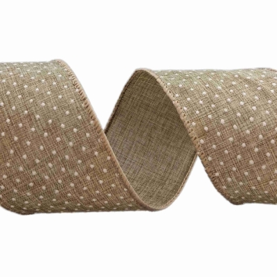 Stuha jutová s drátkem béžová přírodní tečky 9.1 m