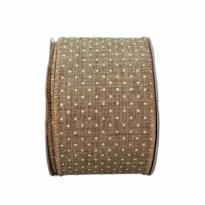 Stuha jutová s drátkem béžová přírodní tečky 9.1 m