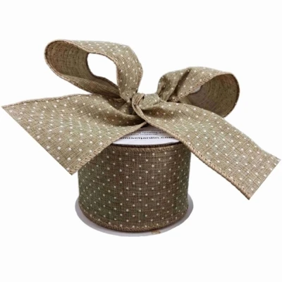 Stuha jutová s drátkem béžová přírodní tečky 9.1 m