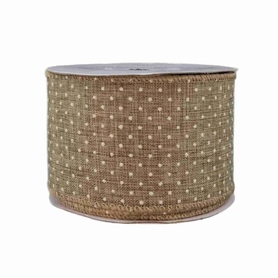 Stuha jutová s drátkem béžová přírodní tečky 9.1 m