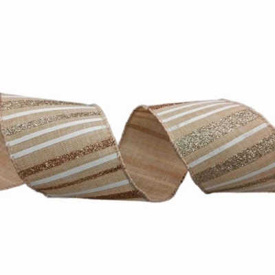 Stuha jutová s drátkem béžová pruhy 9.1 m