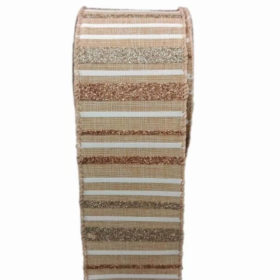 Stuha jutová s drátkem béžová pruhy 9.1 m
