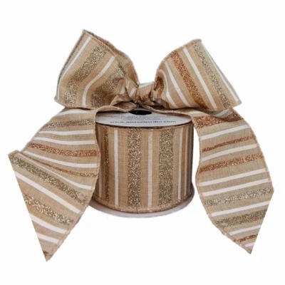 Stuha jutová s drátkem béžová pruhy 9.1 m