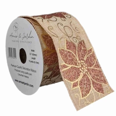 Stuha jutová s drátkem béžová vánoční květy 9.1 m