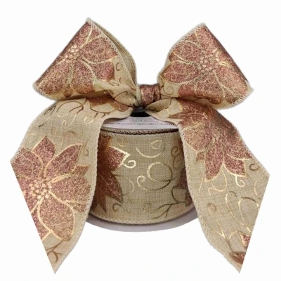 Stuha jutová s drátkem béžová vánoční květy 9.1 m