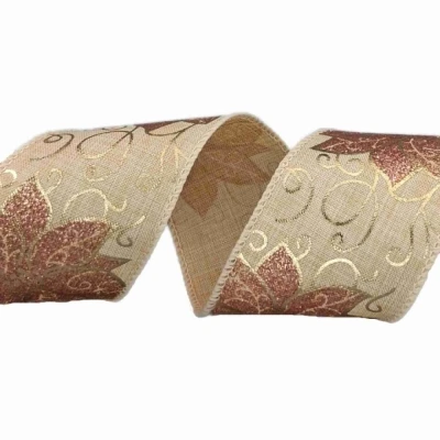 Stuha jutová s drátkem béžová vánoční květy 9.1 m