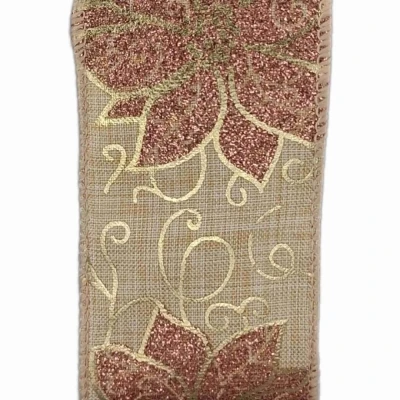 Stuha jutová s drátkem béžová vánoční květy 9.1 m