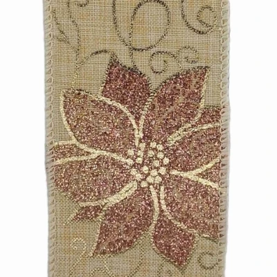 Stuha jutová s drátkem béžová vánoční květy 9.1 m