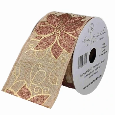 Stuha jutová s drátkem béžová vánoční květy 9.1 m