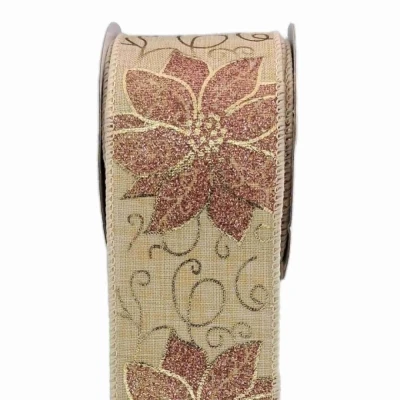 Stuha jutová s drátkem béžová vánoční květy 9.1 m