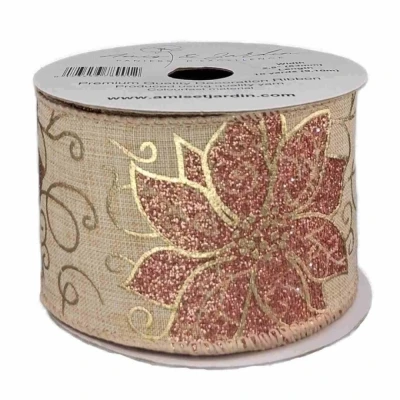 Stuha jutová s drátkem béžová vánoční květy 9.1 m