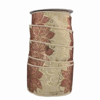 Stuha jutová s drátkem béžová vánoční květy 9.1 m