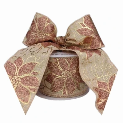 Stuha jutová s drátkem béžová vánoční květy 9.1 m