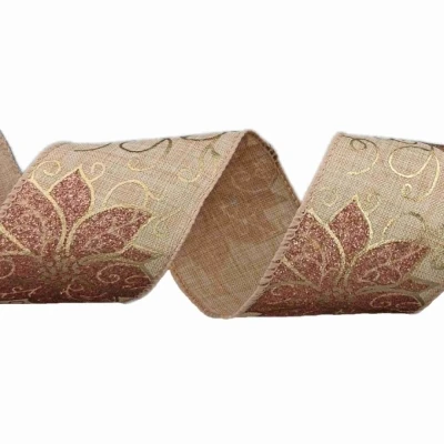 Stuha jutová s drátkem béžová vánoční květy 9.1 m