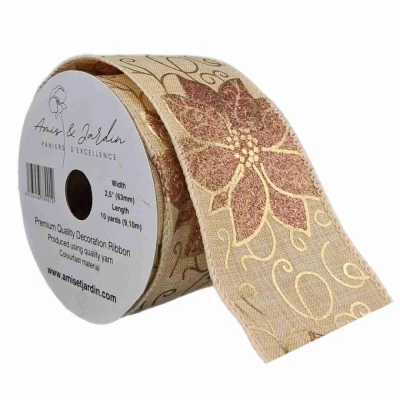 Stuha jutová s drátkem béžová vánoční květy 9.1 m
