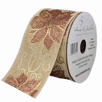 Stuha jutová s drátkem béžová vánoční květy 9.1 m