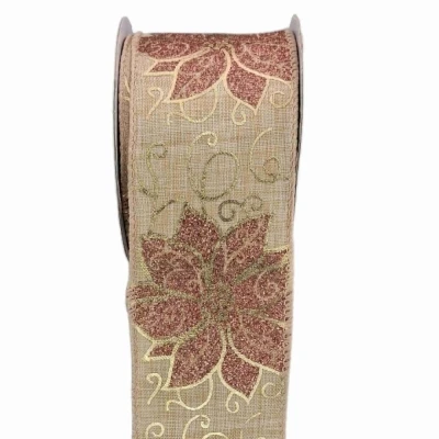 Stuha jutová s drátkem béžová vánoční květy 9.1 m