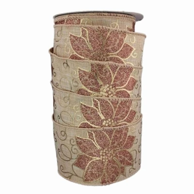 Stuha jutová s drátkem béžová vánoční květy 9.1 m