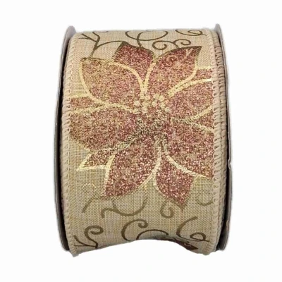 Stuha jutová s drátkem béžová vánoční květy 9.1 m
