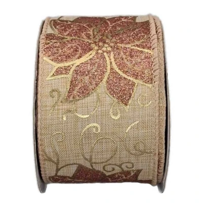 Stuha jutová s drátkem béžová vánoční květy 9.1 m