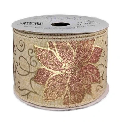 Stuha jutová s drátkem béžová vánoční květy 9.1 m