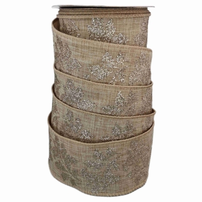 Stuha jutová s drátkem béžová vánoční listy 9.1 m