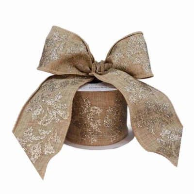 Stuha jutová s drátkem béžová vánoční listy 9.1 m