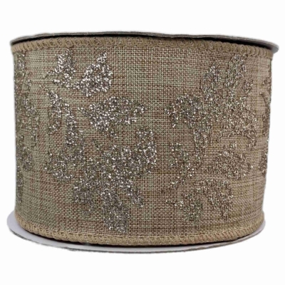 Stuha jutová s drátkem béžová vánoční listy 9.1 m