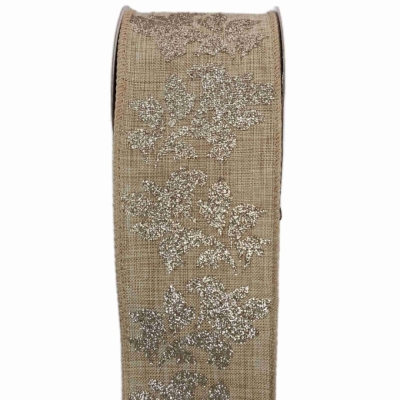 Stuha jutová s drátkem béžová vánoční listy 9.1 m