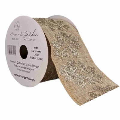 Stuha jutová s drátkem béžová vánoční listy 9.1 m