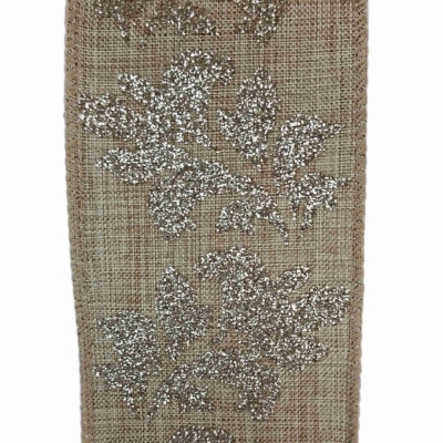 Stuha jutová s drátkem béžová vánoční listy 9.1 m