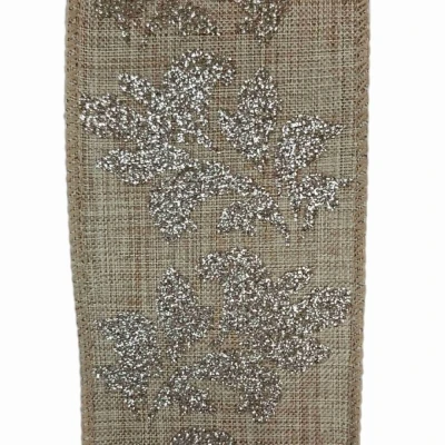 Stuha jutová s drátkem béžová vánoční listy 9.1 m