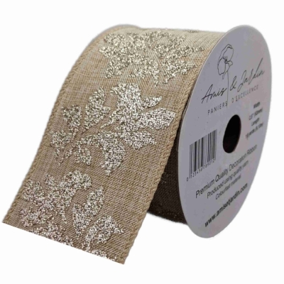 Stuha jutová s drátkem béžová vánoční listy 9.1 m