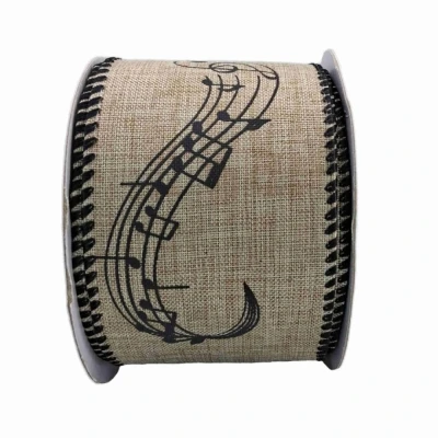 Stuha jutová s drátkem béžová vánoční noty 9.1 m