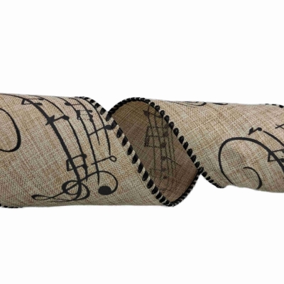 Stuha jutová s drátkem béžová vánoční noty 9.1 m