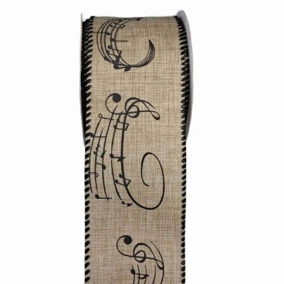 Stuha jutová s drátkem béžová vánoční noty 9.1 m