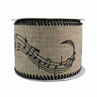 Stuha jutová s drátkem béžová vánoční noty 9.1 m