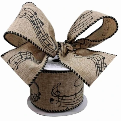 Stuha jutová s drátkem béžová vánoční noty 9.1 m