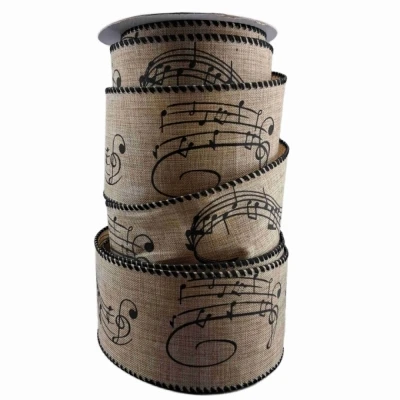 Stuha jutová s drátkem béžová vánoční noty 9.1 m