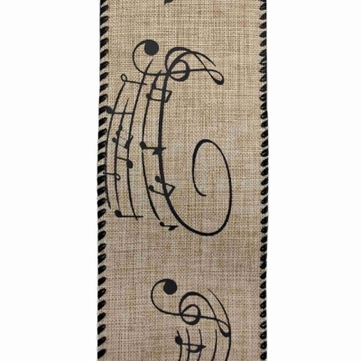 Stuha jutová s drátkem béžová vánoční noty 9.1 m