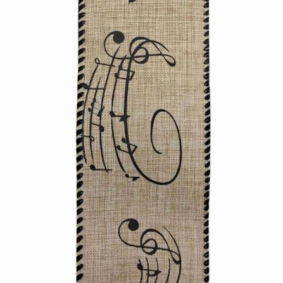 Stuha jutová s drátkem béžová vánoční noty 9.1 m