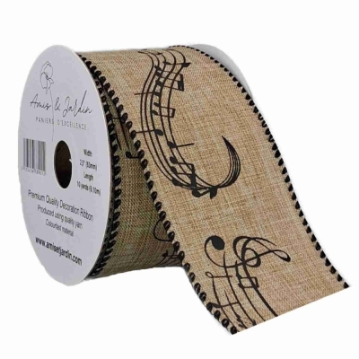 Stuha jutová s drátkem béžová vánoční noty 9.1 m