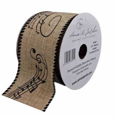 Stuha jutová s drátkem béžová vánoční noty 9.1 m